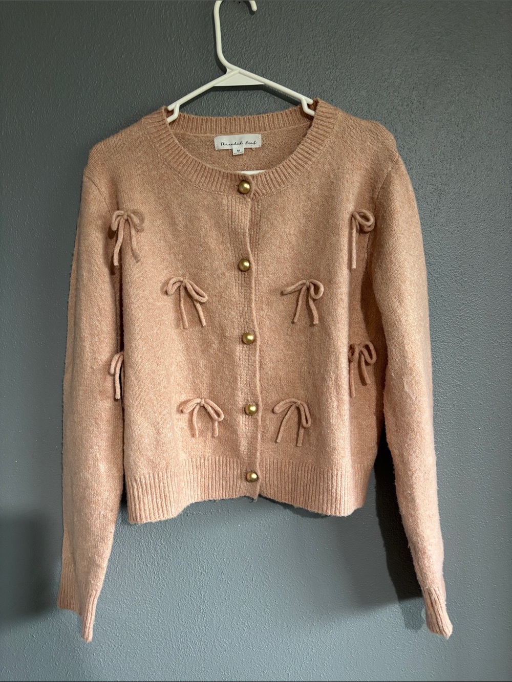 Threaded Leaf Women's Bow-Accent Pink Knit Cardigan Sweater
